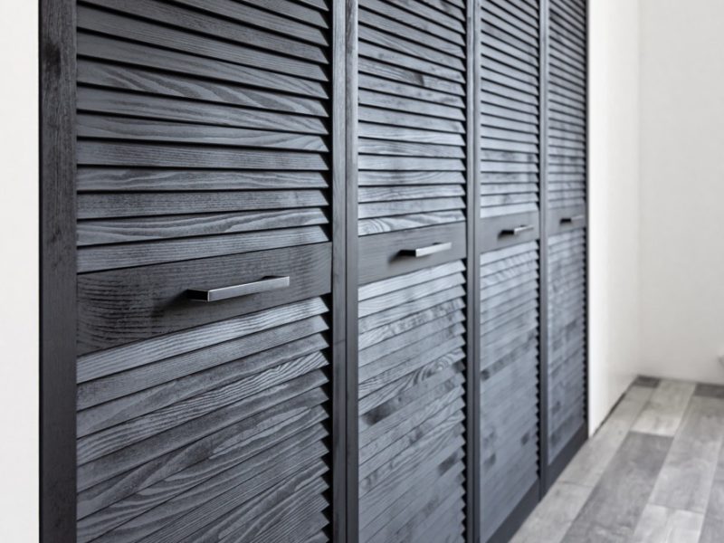 Black wooden wardrobe decorated with blinds, wardrobe with blinds decoration.